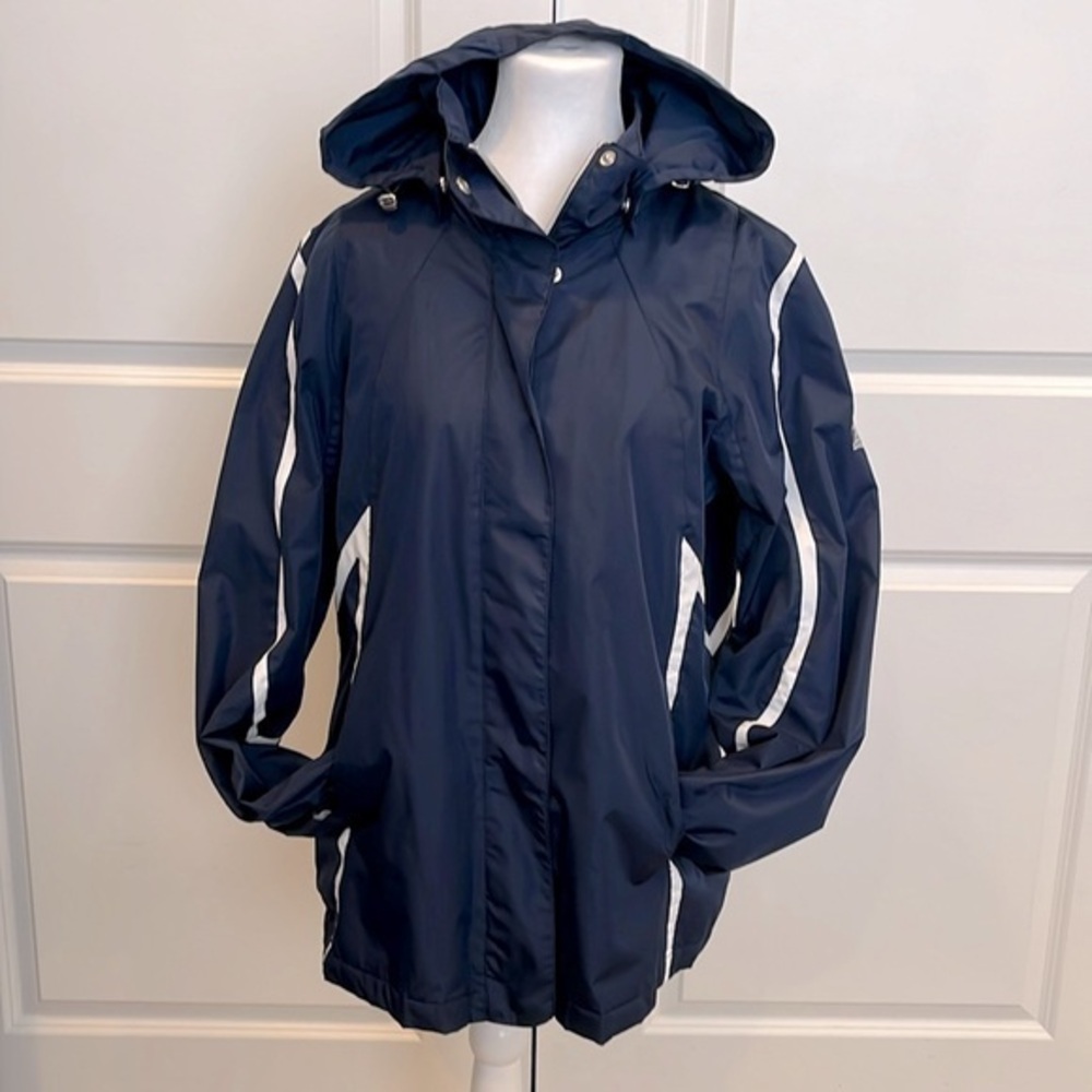 Zero Exposur SZ L navy white jacket polyester w:PVC coating. Lined. Great cond!
